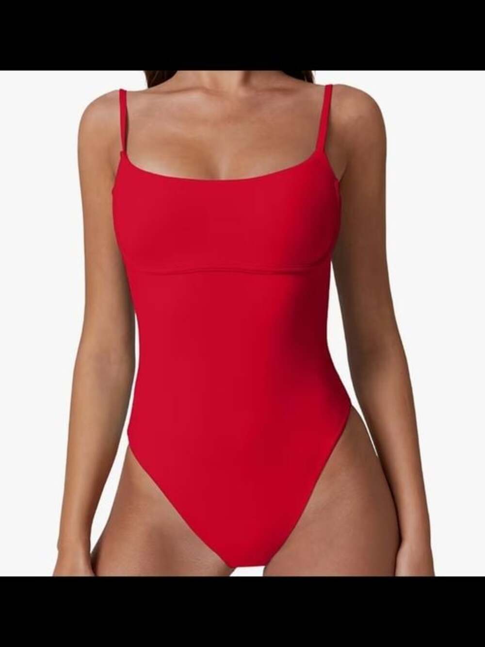 Women's Red Square Neck One-Piece Swimsuit High Cut Tummy Control